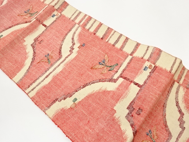 手織り紬縞に変わり横段・花葉模様織出し名古屋帯